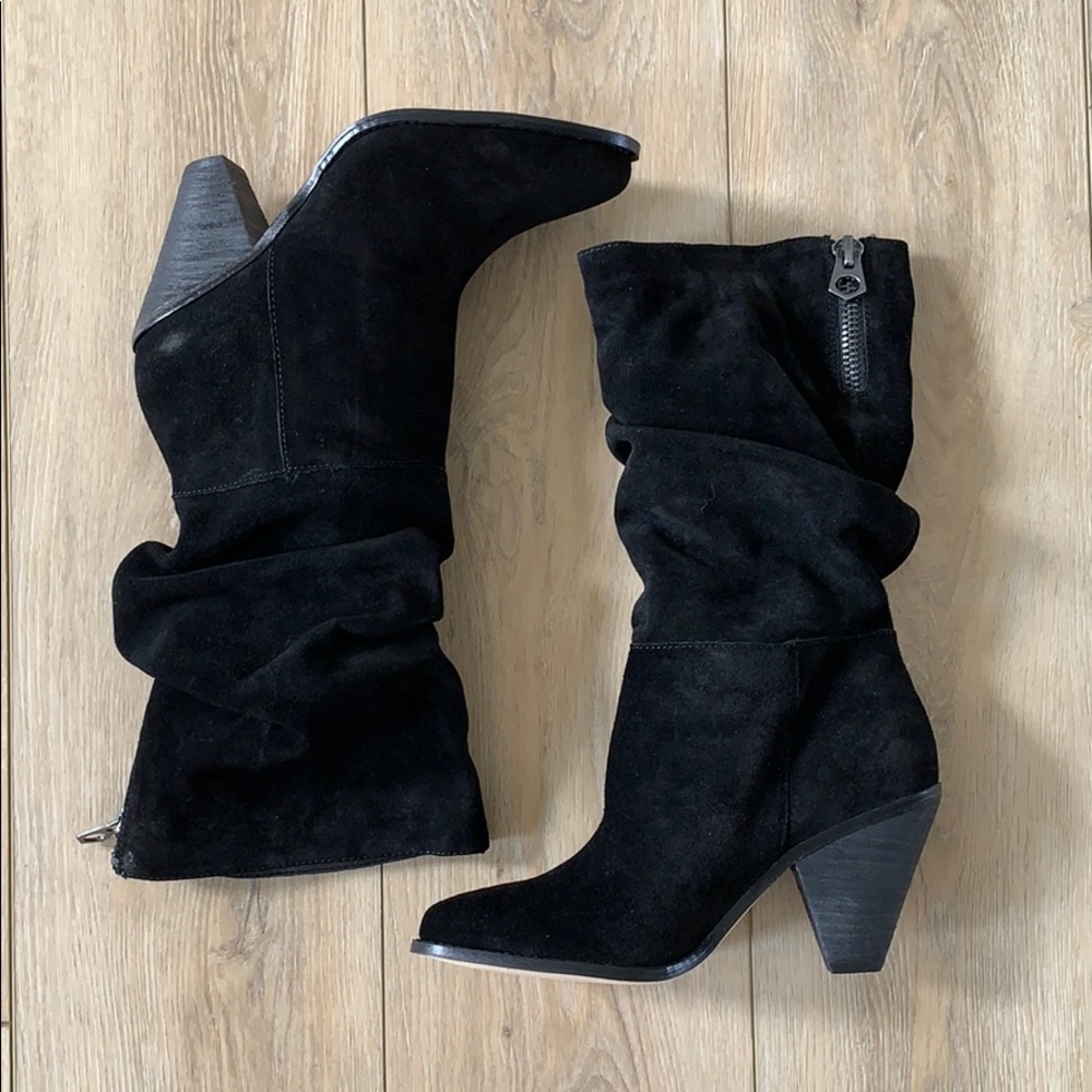 Black Suede Slouch Mid-Calf Boots - Women